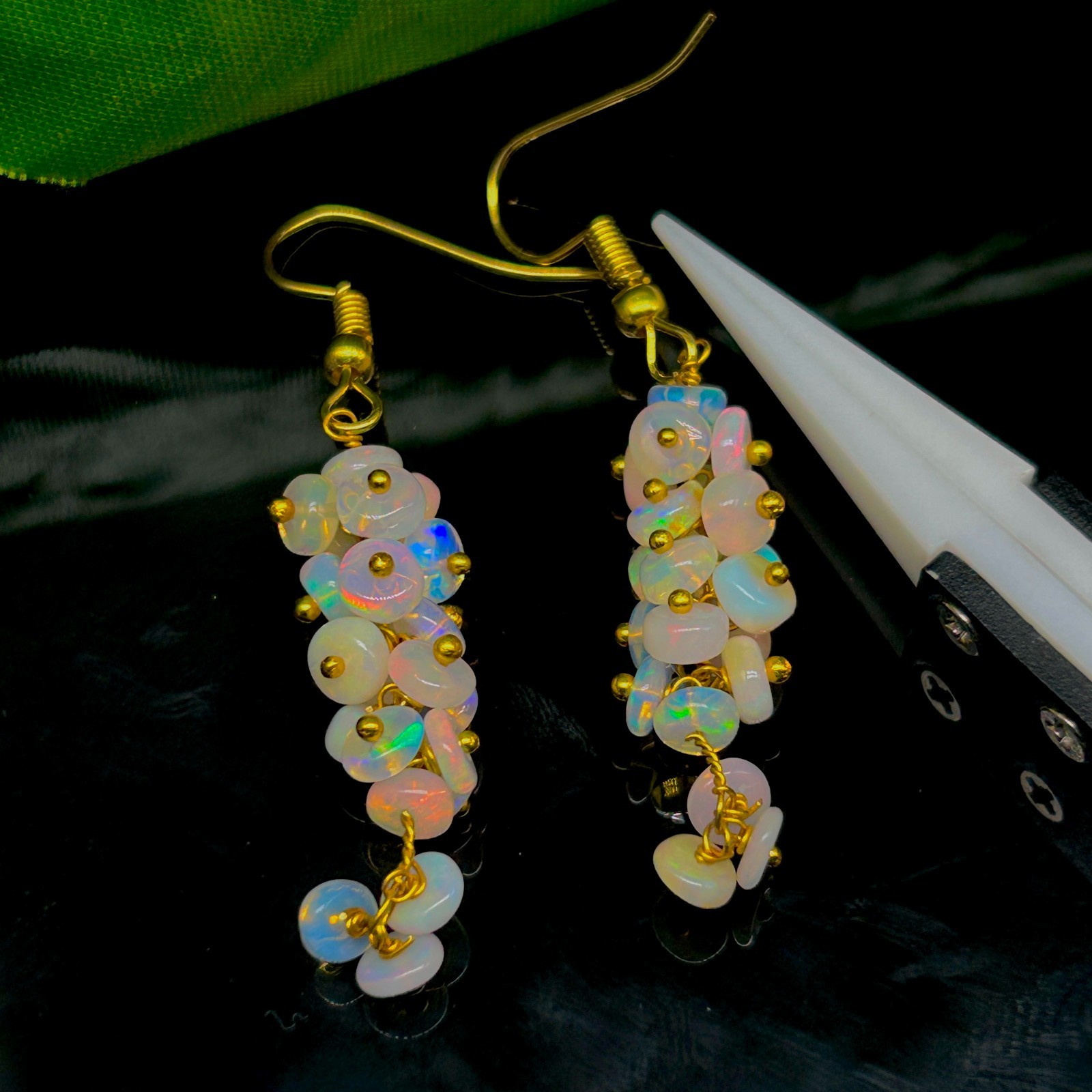 Ethiopian White Opal Gemstone Beads Cluster Earring, Multifire Opal Beaded Gold