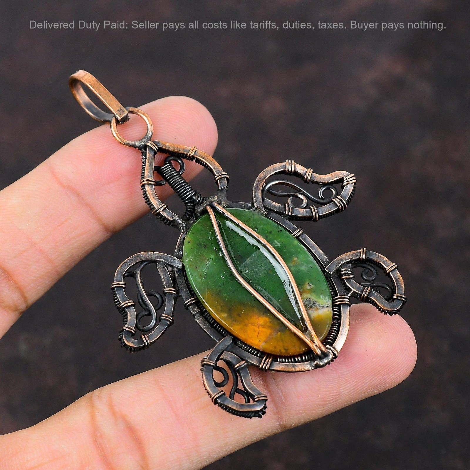 Oval Boulder Chrysoprase Gemstone Wire Wrapped Tortoise Pendant Jewelry Copper