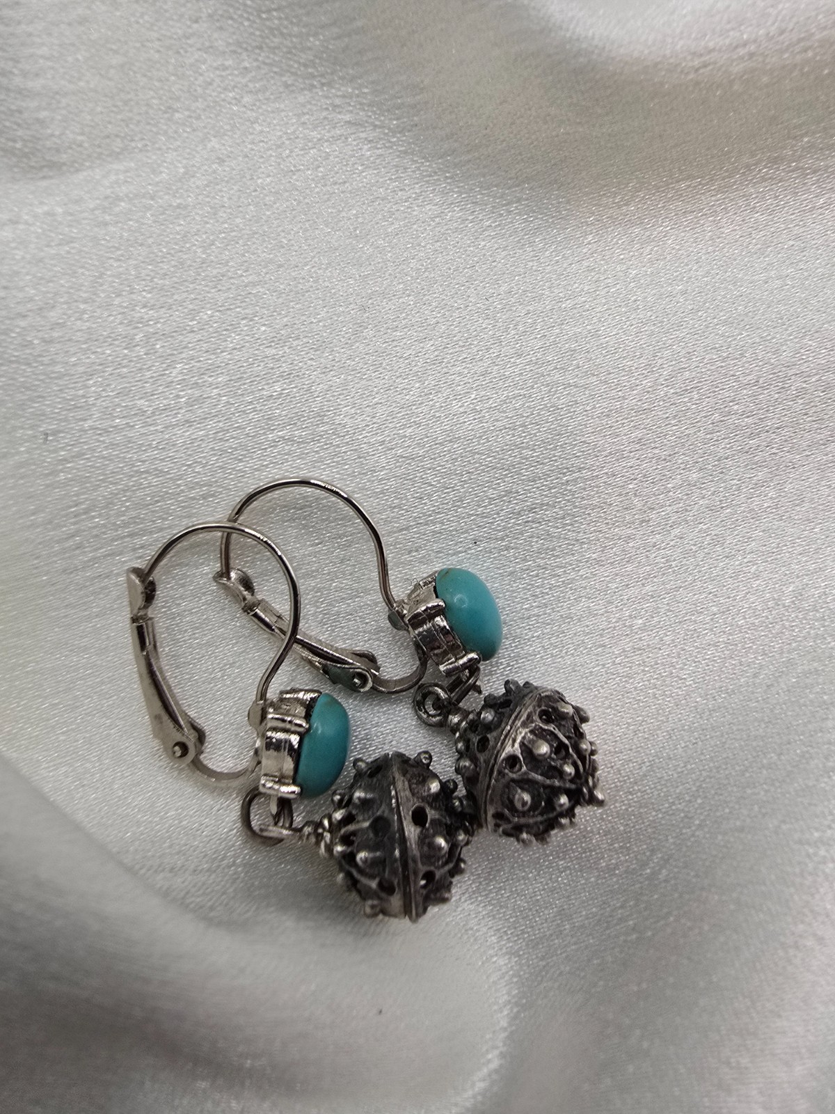 Vintage Croatian Botuni Ball Dangle Earrings Turquoise Silver Tone 6.12g