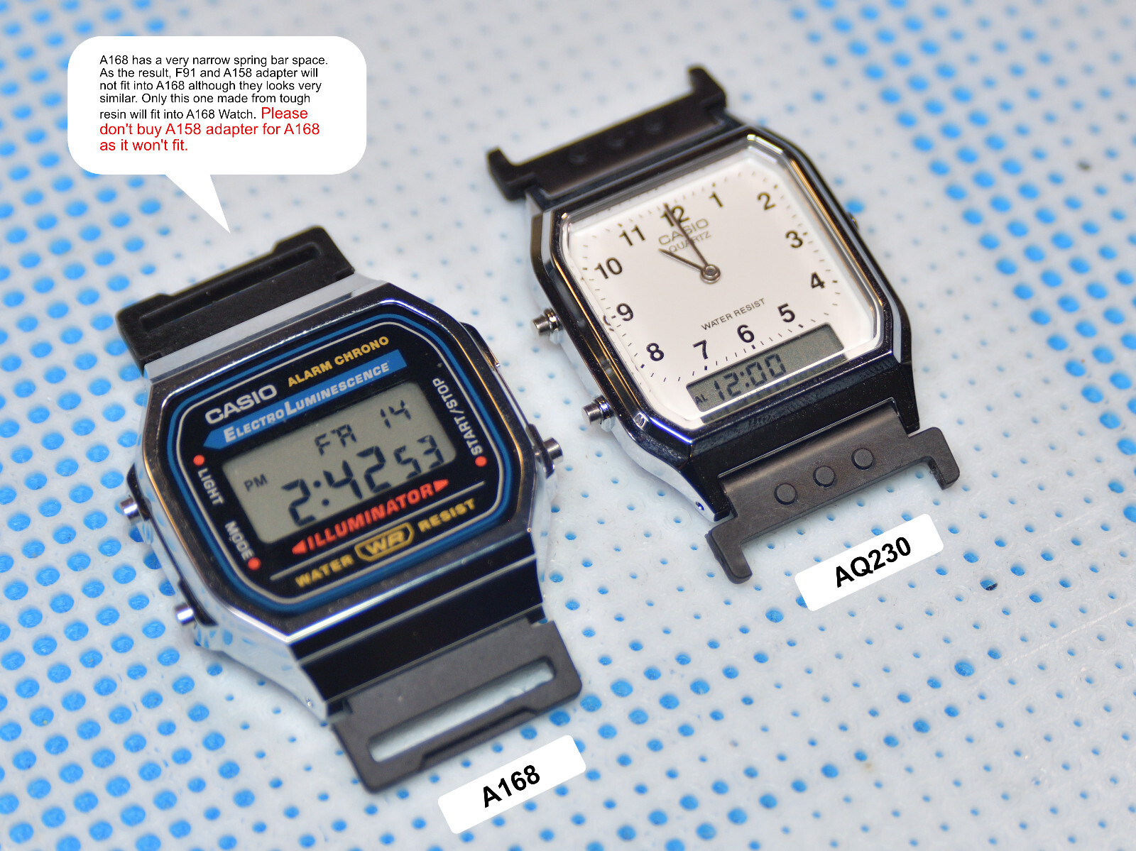 Resin watch strap & watch band adapter for CASIO A168 & AQ230 Slim profile