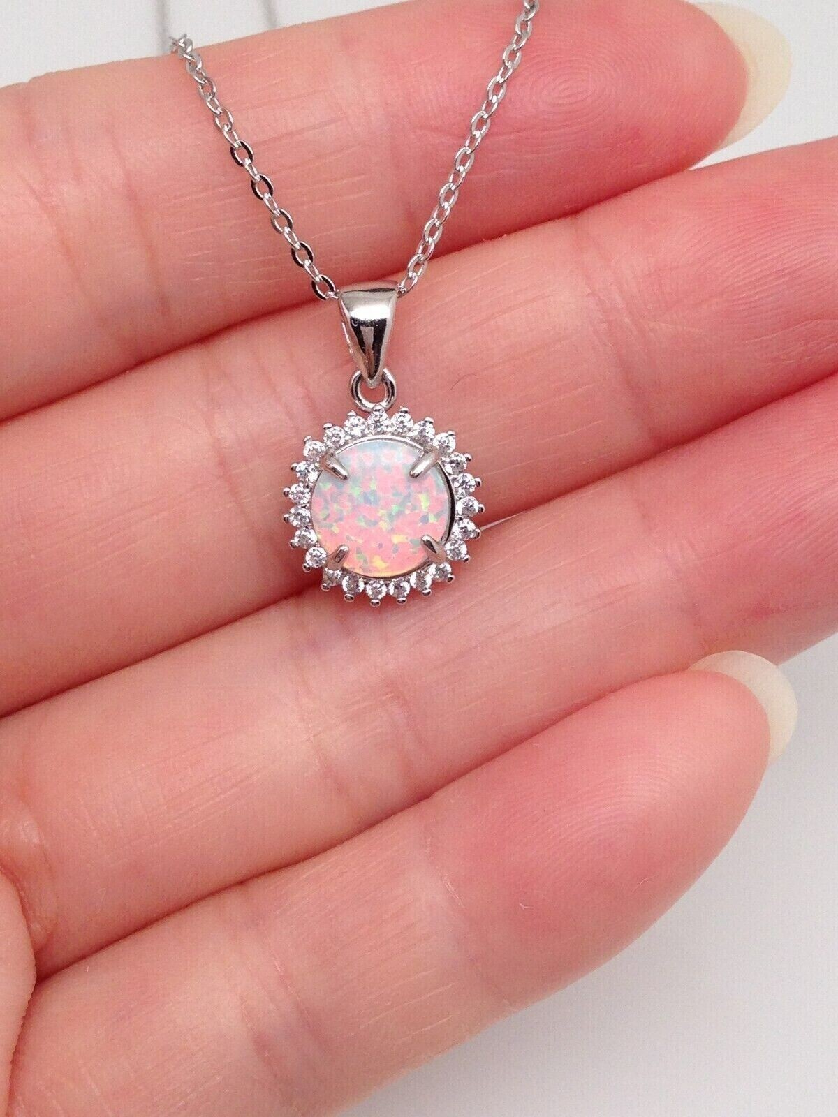 925 Sterling Silver White Opal Halo Round Pendant Necklace Women 10mm(7.8mm)