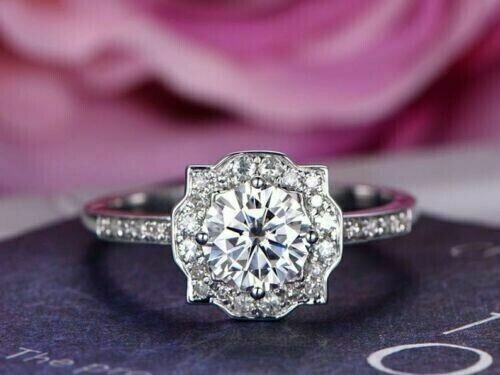 2.00Ct Round Cut Simulated Diamond Halo Engagement Ring 14K White Gold Plated