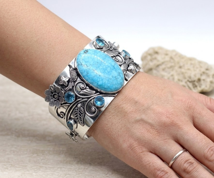 Natural Turquoise Topaz Cuff Bracelet 925 Sterling Silver Handmade ADJ Jewelry