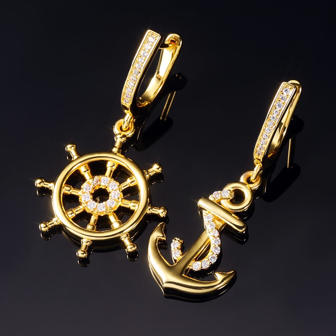 Anchor and Rudder Asymmetric Earrings Lab Created Diamond 14K Yellow Gold Plated