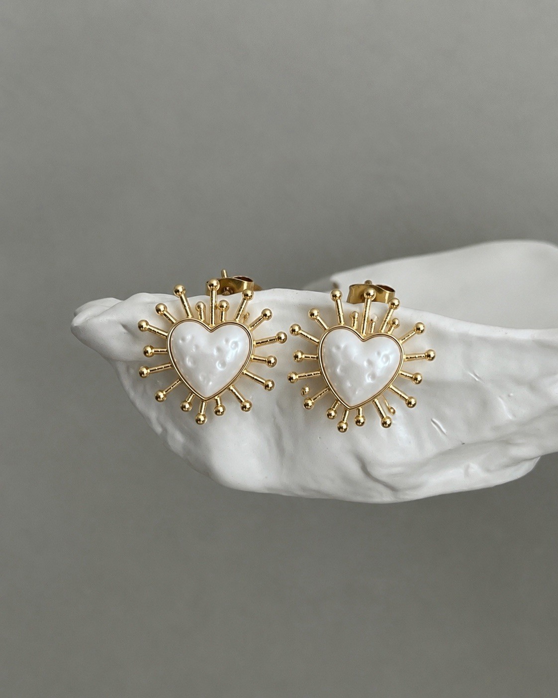 Gold Heart Stud Earrings, Mother of Pearl Heart Earrings, Sunburst Earrings