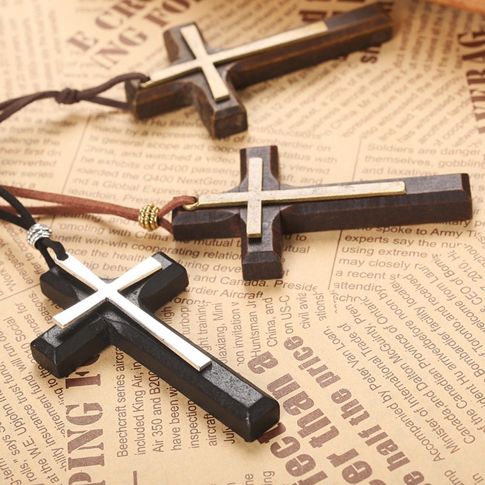 Handmade double-layer alloy wood cross long pendant sweater velvet rope necklace