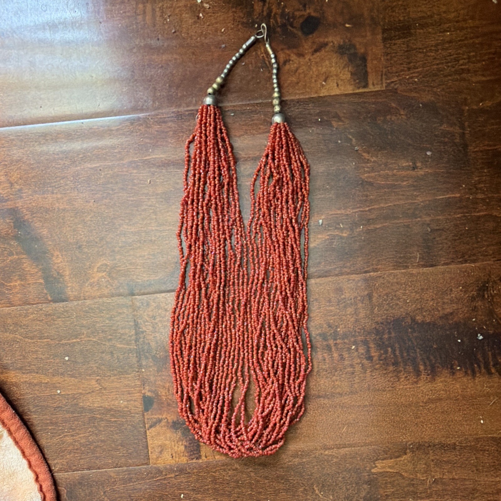 Orange/Red Multi-Strand Beaded Necklace, Brass Metal Beads, Hook Clasp – Vintage