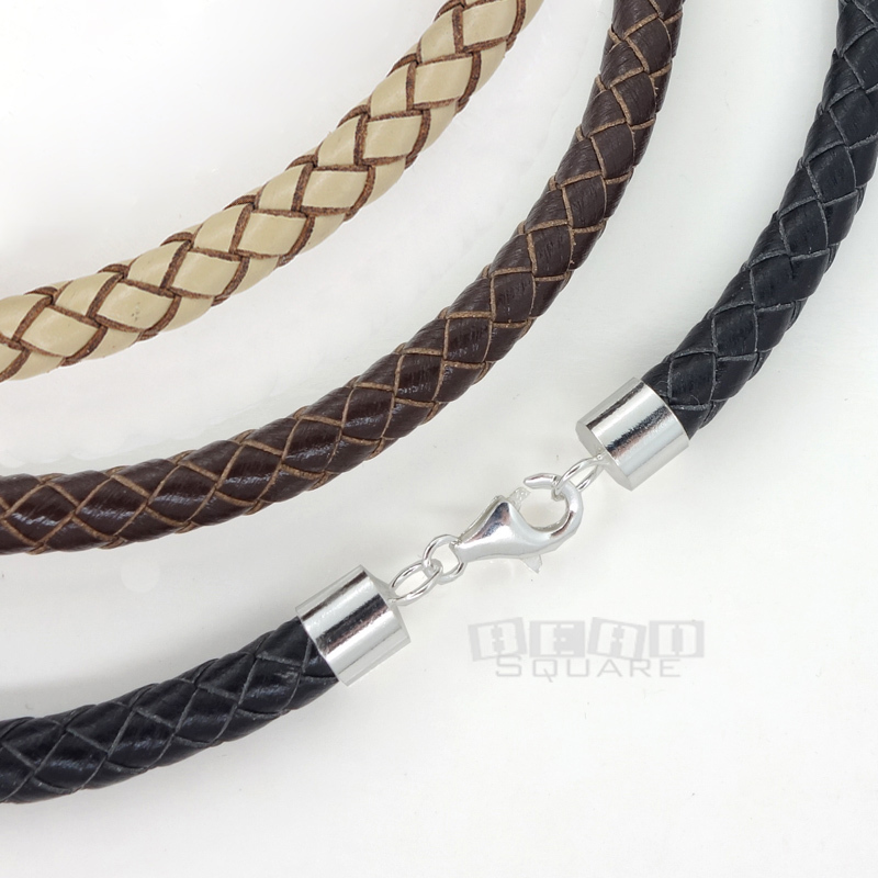 Sterling Silver 6mm Braided Round Genuine Leather Cord Necklace / Bangle