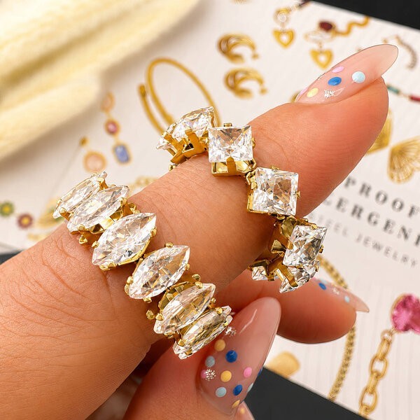 Adjustable 18K Gold Plated Stainless Steel Ring with Marquise-cut CZ, Waterproof
