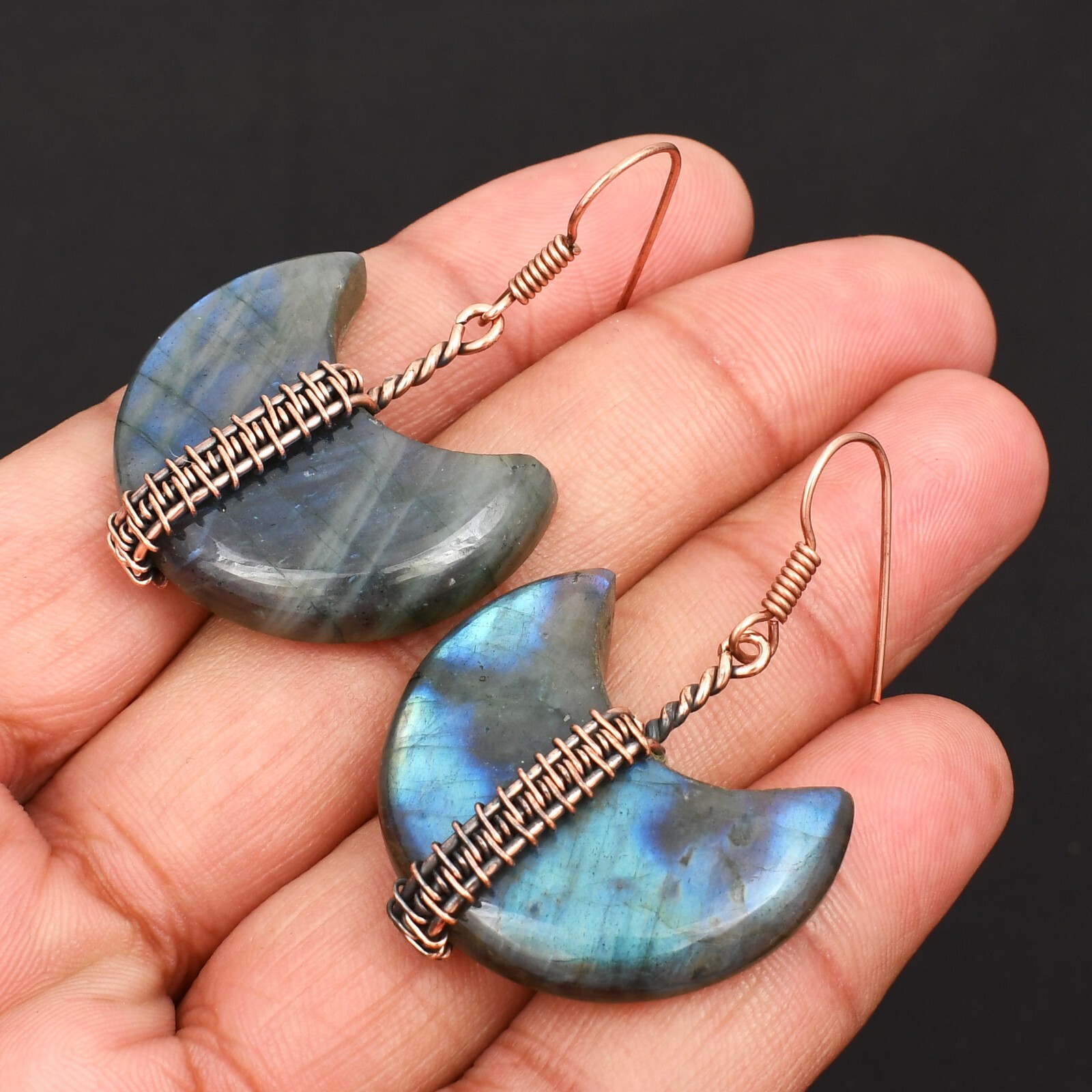 Natural Labradorite Gemstone Copper Wire Wrapped Drop Dangle Earrings For Gift