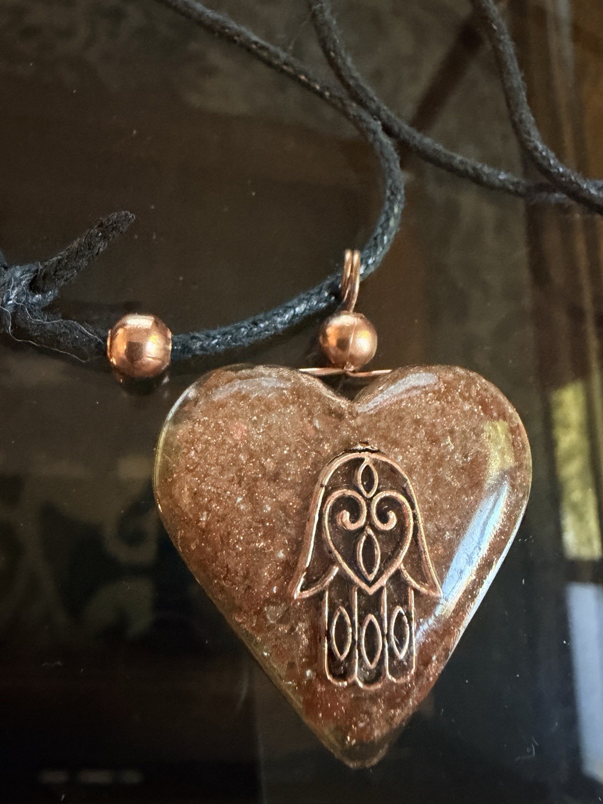 Handcrafted Brown Heart Hamsa Pendant Necklace