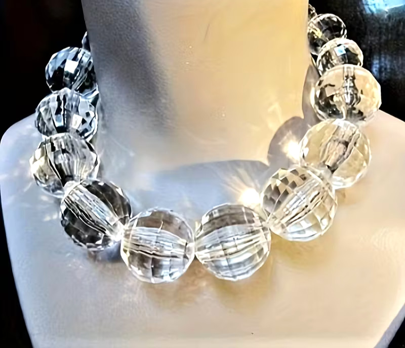 Chunky Clear Acrylic Statement Necklace 21″ – Huge 1 inch + Faux Crystal Beads