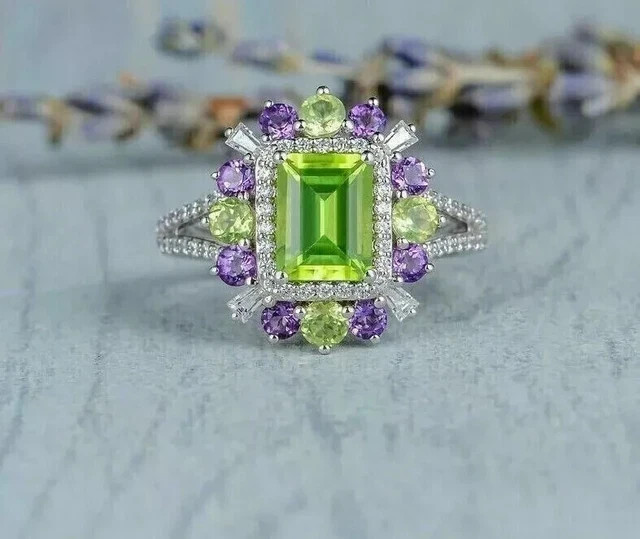Lab Created Peridot 3.00Ct Emerald Cut Halo Wedding Ring 14k White Gold Plated