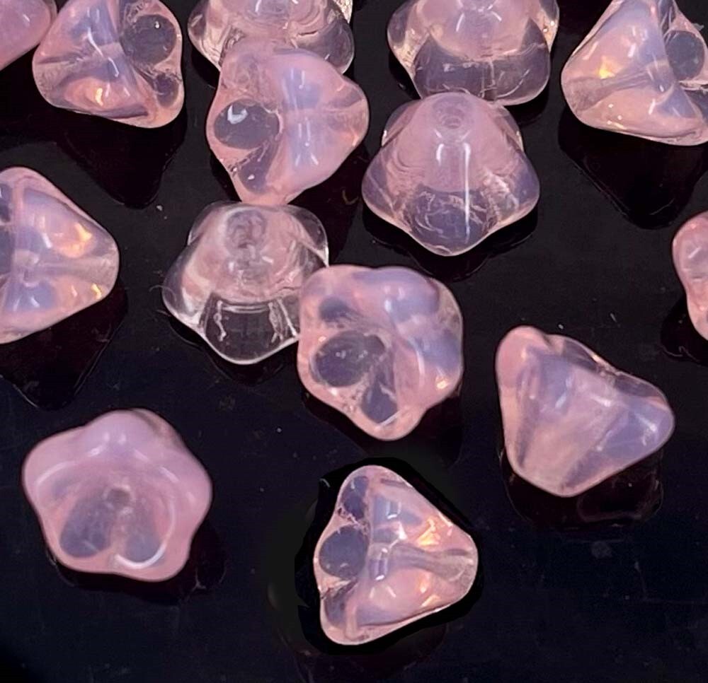 20 Czech Glass Baby Bell Flower Beads – Light Milky Pink 8x6mm