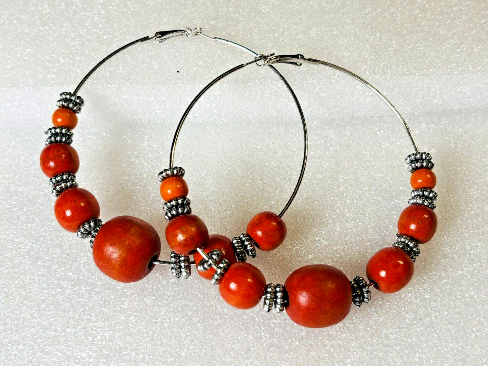 Art of Nature / Orange Wooden Beaded Bohemian Hoop Fashion Earrings Boho 3.25″