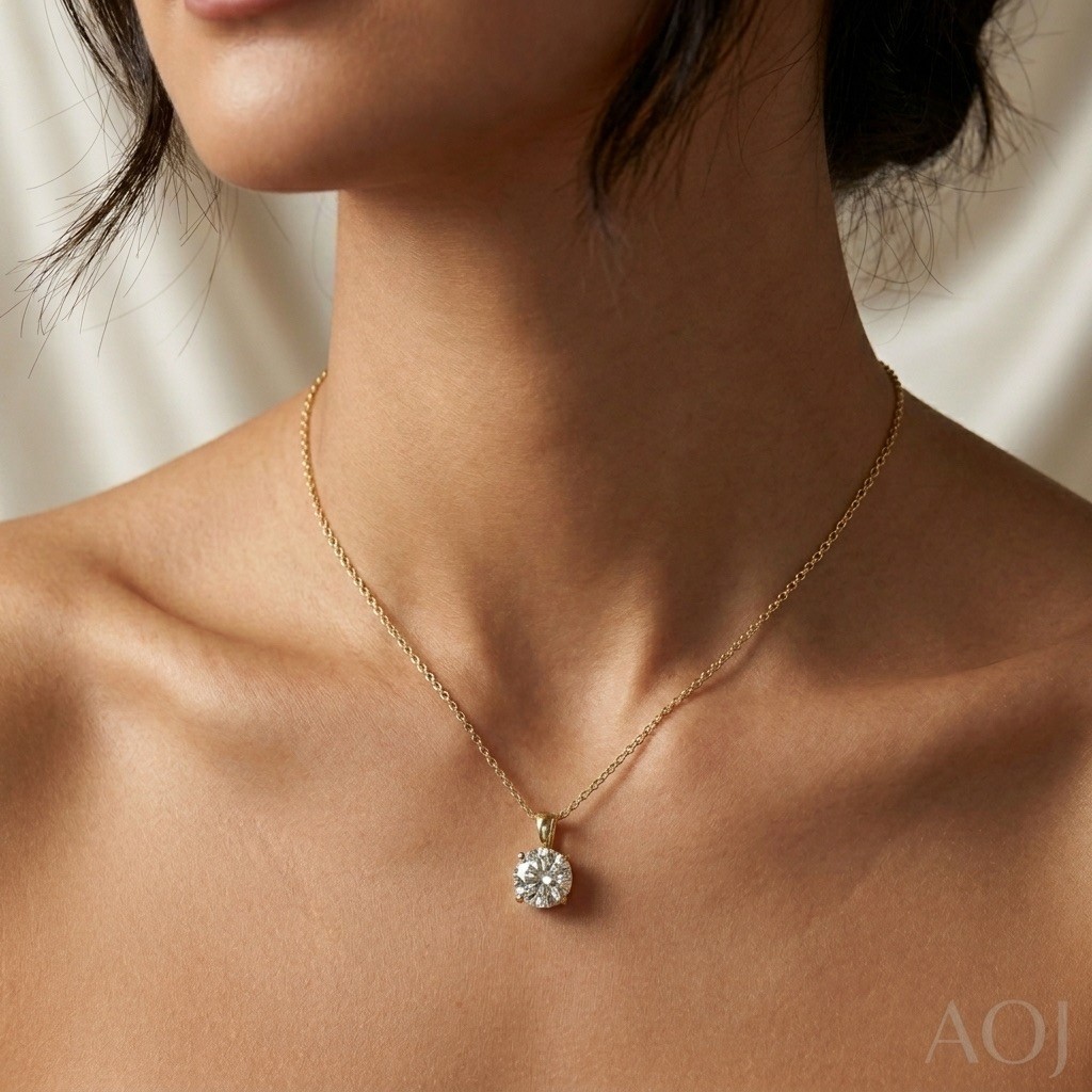 14K Solid Gold Round Lab Grown Diamond Solitaire Pendant Necklace