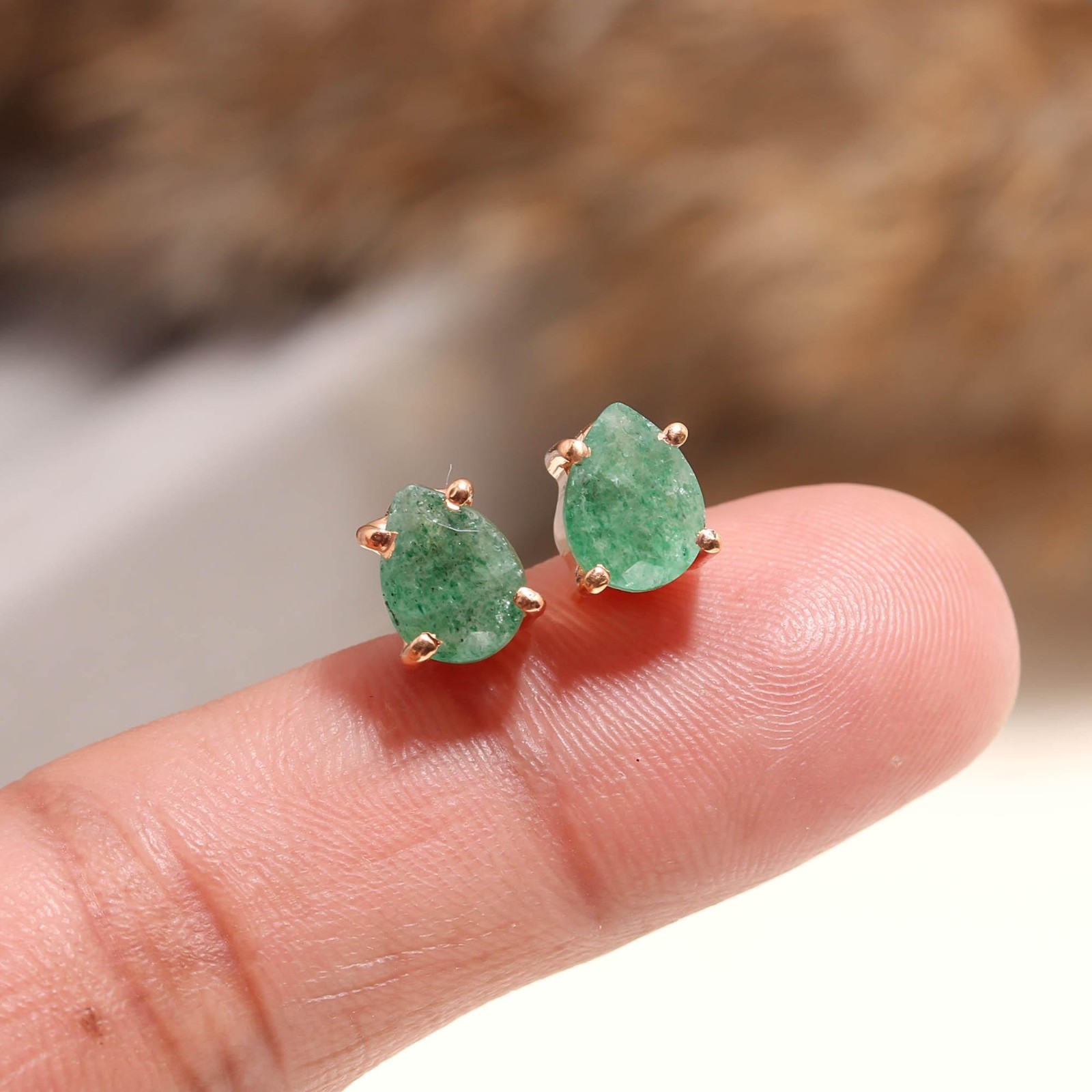 Natural Green Strawberry Pear Stud Earrings Rose Gold Fill Solid silver Jewelry