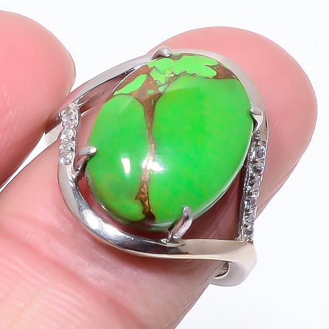 Green Copper Turquoise & White Topaz 925 Silver Solitaire Ring Adjustable (R167)