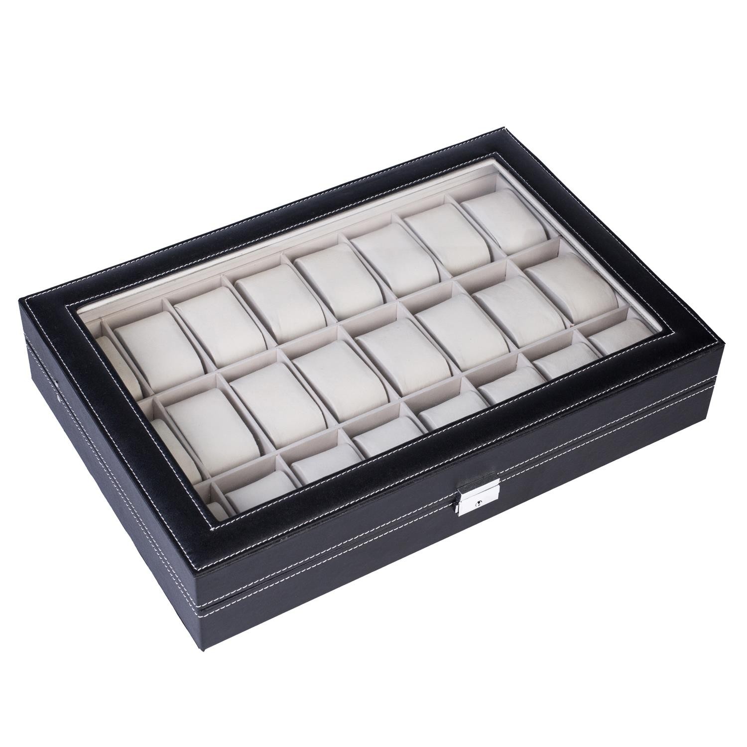 24 Slots Watch Box PU Leather Watch Case Organizer Display Watch Cabinet Black