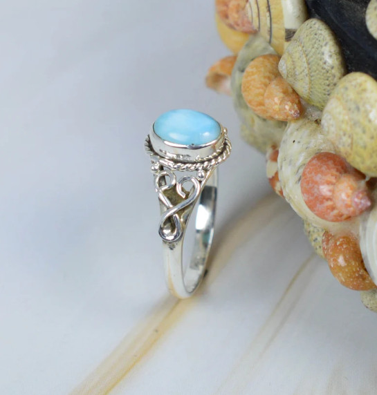 Solid 925 Silver Larimar Gemstone Women Ring Handmade Dainty Ring All Size SR75