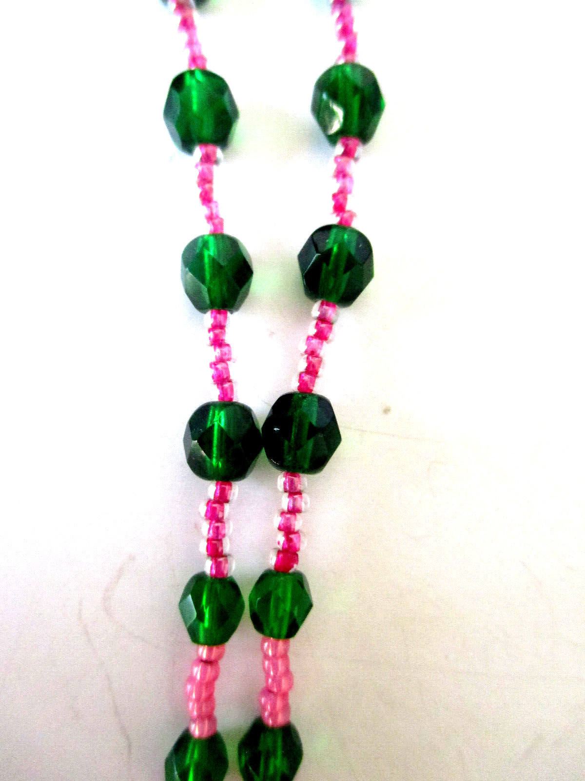 Beaded Necklace Dark Green Bronze Tone Barrel Pendant Green & Pink Beaded Chain