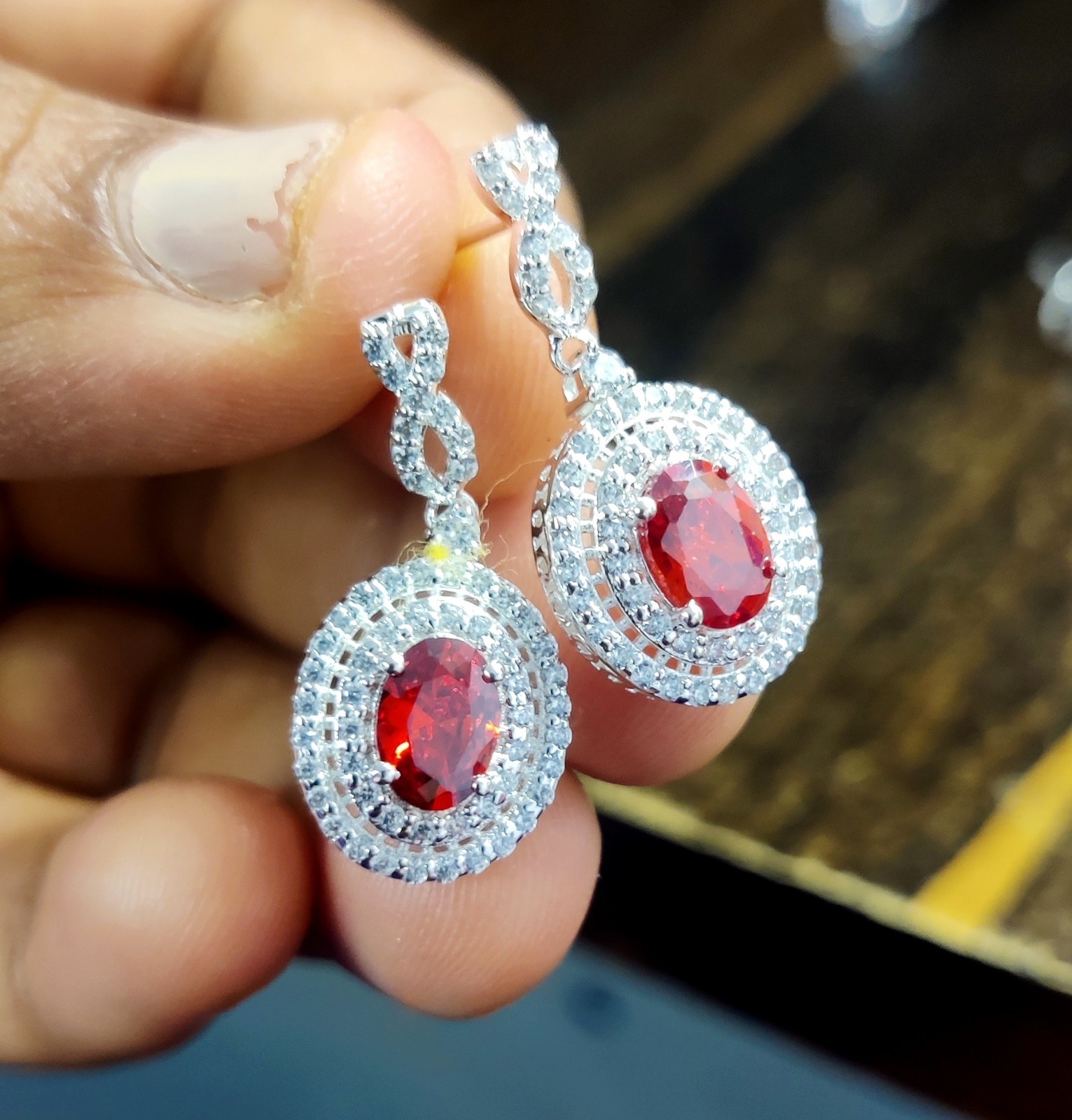 2Ct Oval Lab Created Garnet Halo Drop & Dangle Earrings 14k White Gold Plated