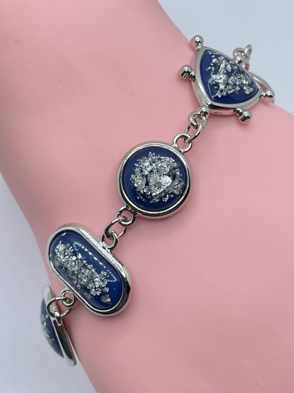 Silver Tone Blue Acrylic Link Bracelet Foil Statement Modern