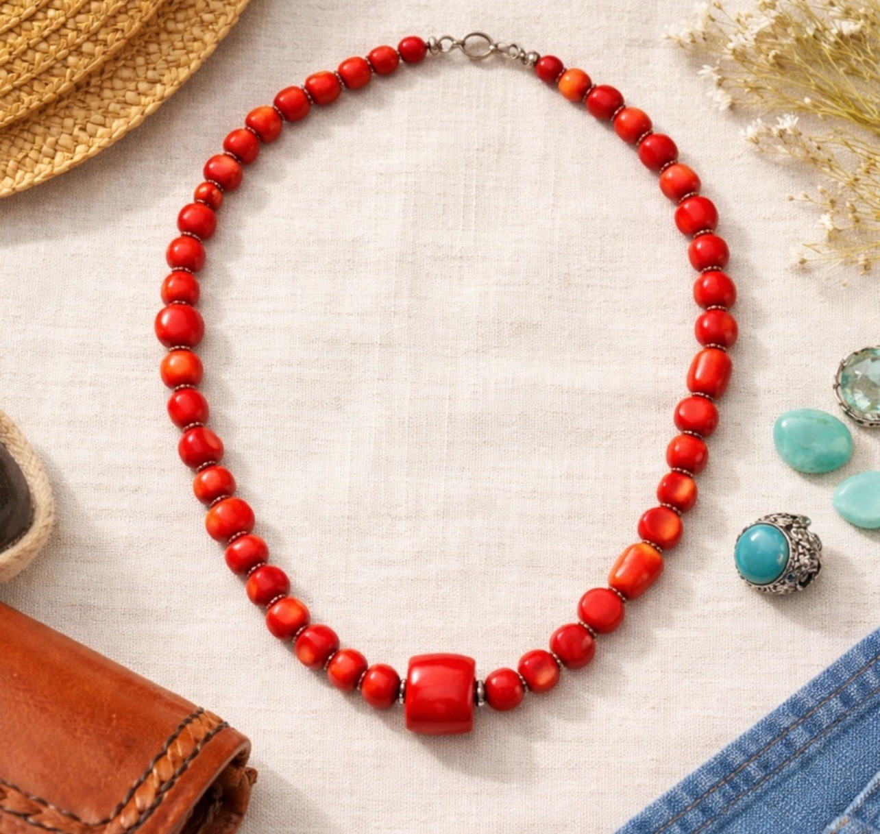 Vintage Necklace Bamboo Red Coral Beaded Main Center Stone Toggle 19.5″