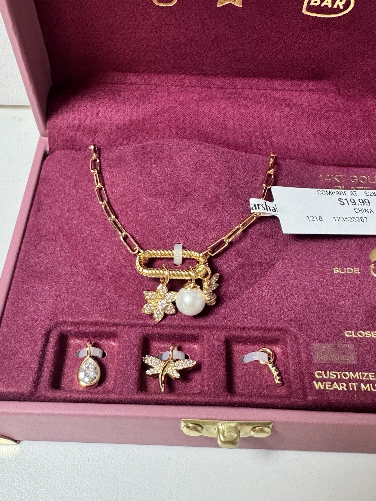Charm Bar Gold Tone Necklace Set Interchangeable Charms Pearl Gift Box