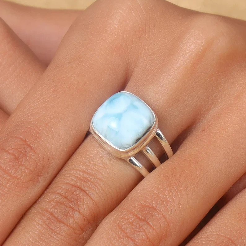 Larimar Ring 925 Sterling Silver Band& Statement Ring Handmade Ring All Size