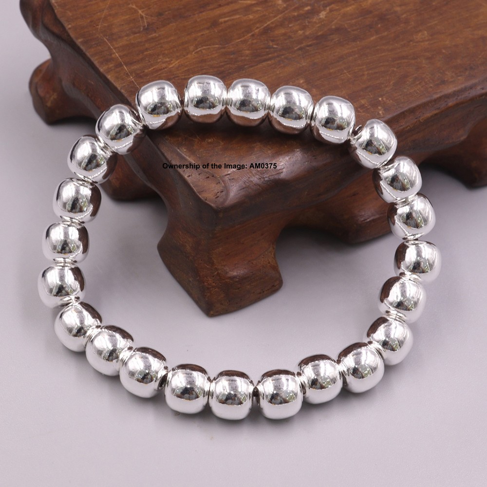 Pure 999 Fine Silver 8mm Barrel Beads Elastic Bracelet DIY Stretch Bracelet