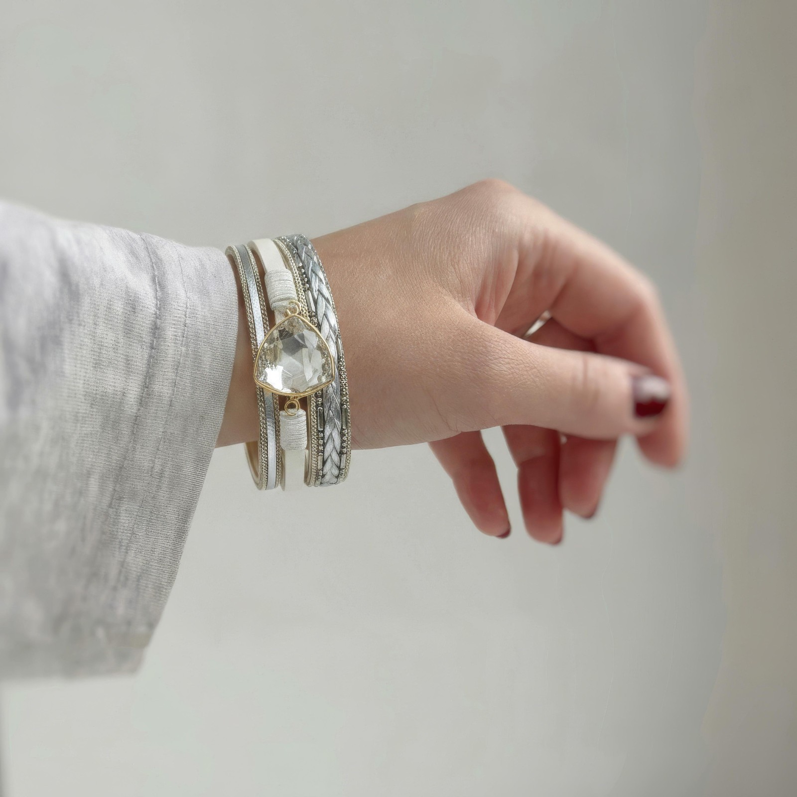 Multi Strand Faux Leather Magnetic Cuff with Plaited Strand Crystal Bracelet
