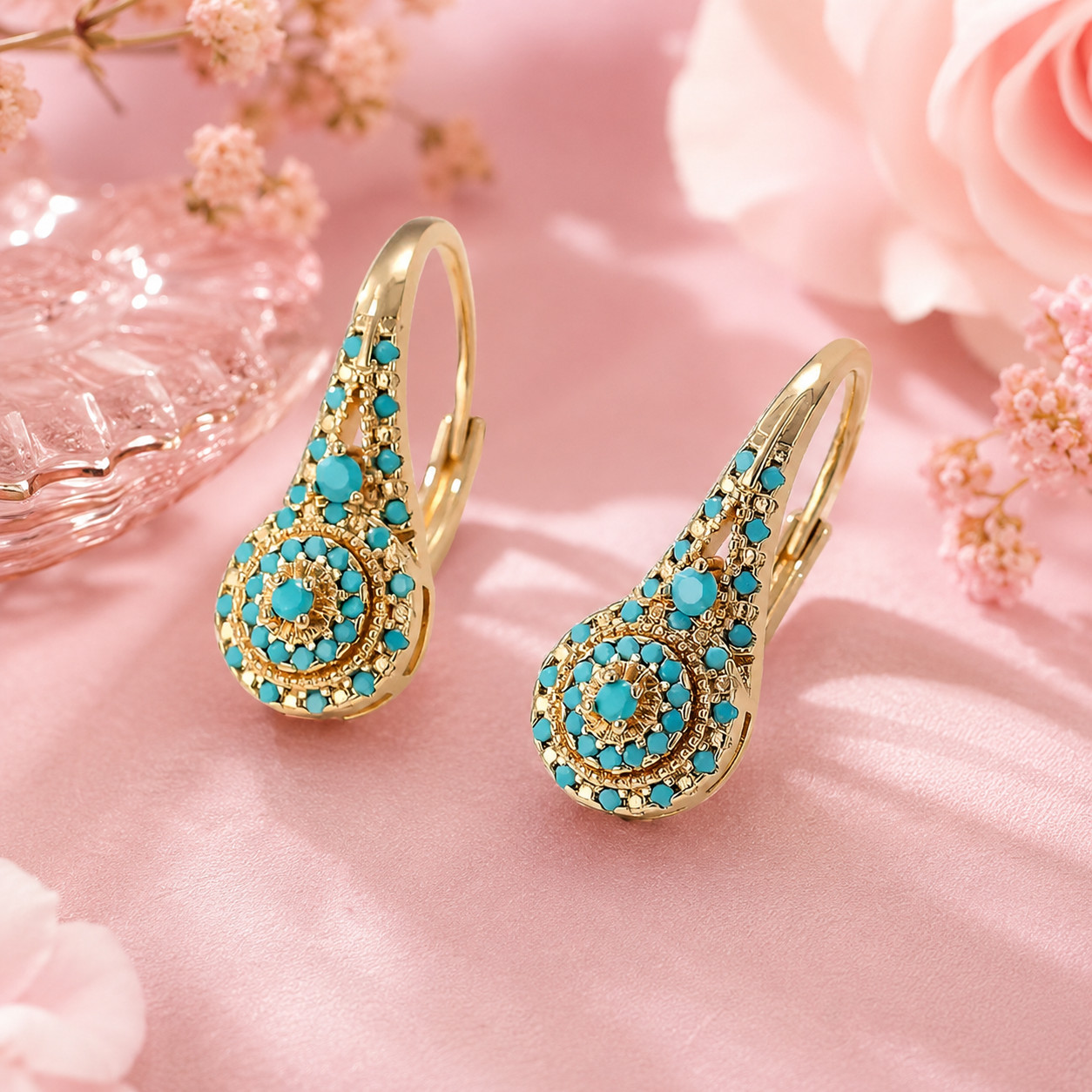 Vintage Style Blue Turquoise Drop Earrings Gold Tone Bohemian Jewelry