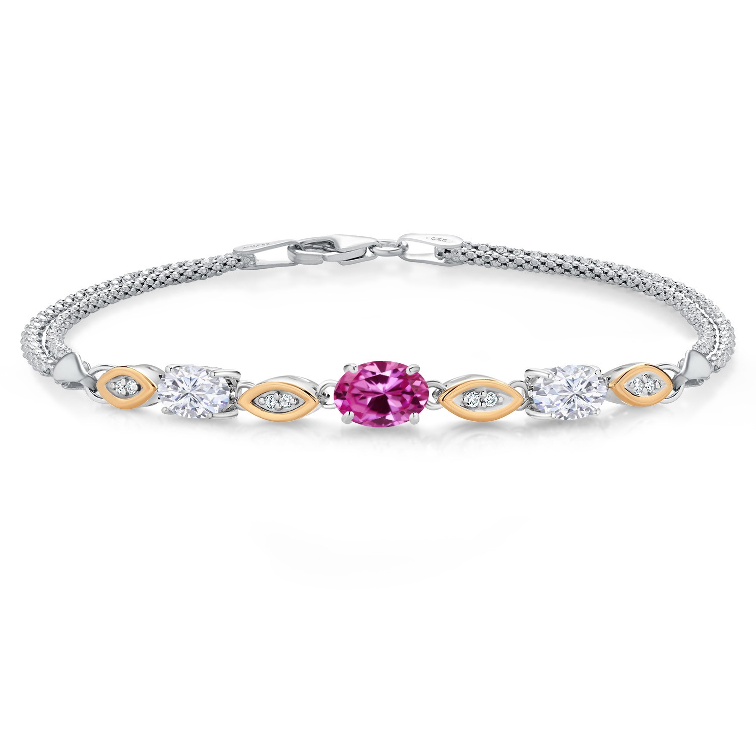 925 Silver and 10K Yellow Gold Pink Created Sapphire and White Moissanite and