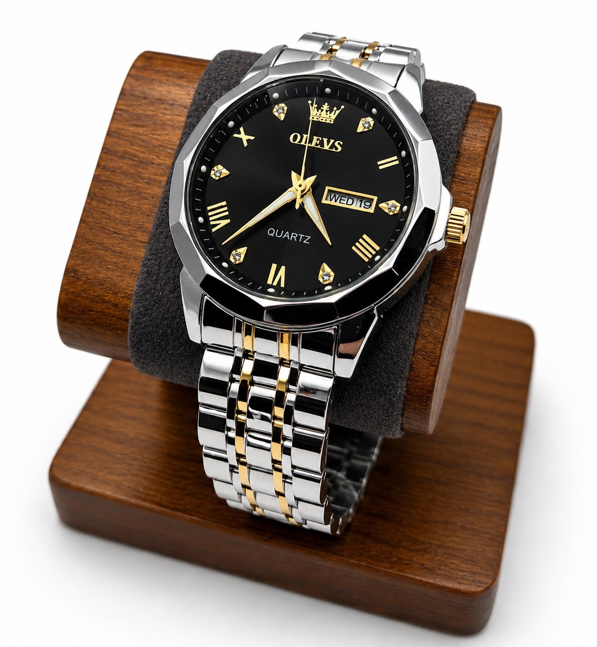 OLEVS 9931 Men’s Quartz Watch Black Dial Two-Tone Stainless Steel Day Date