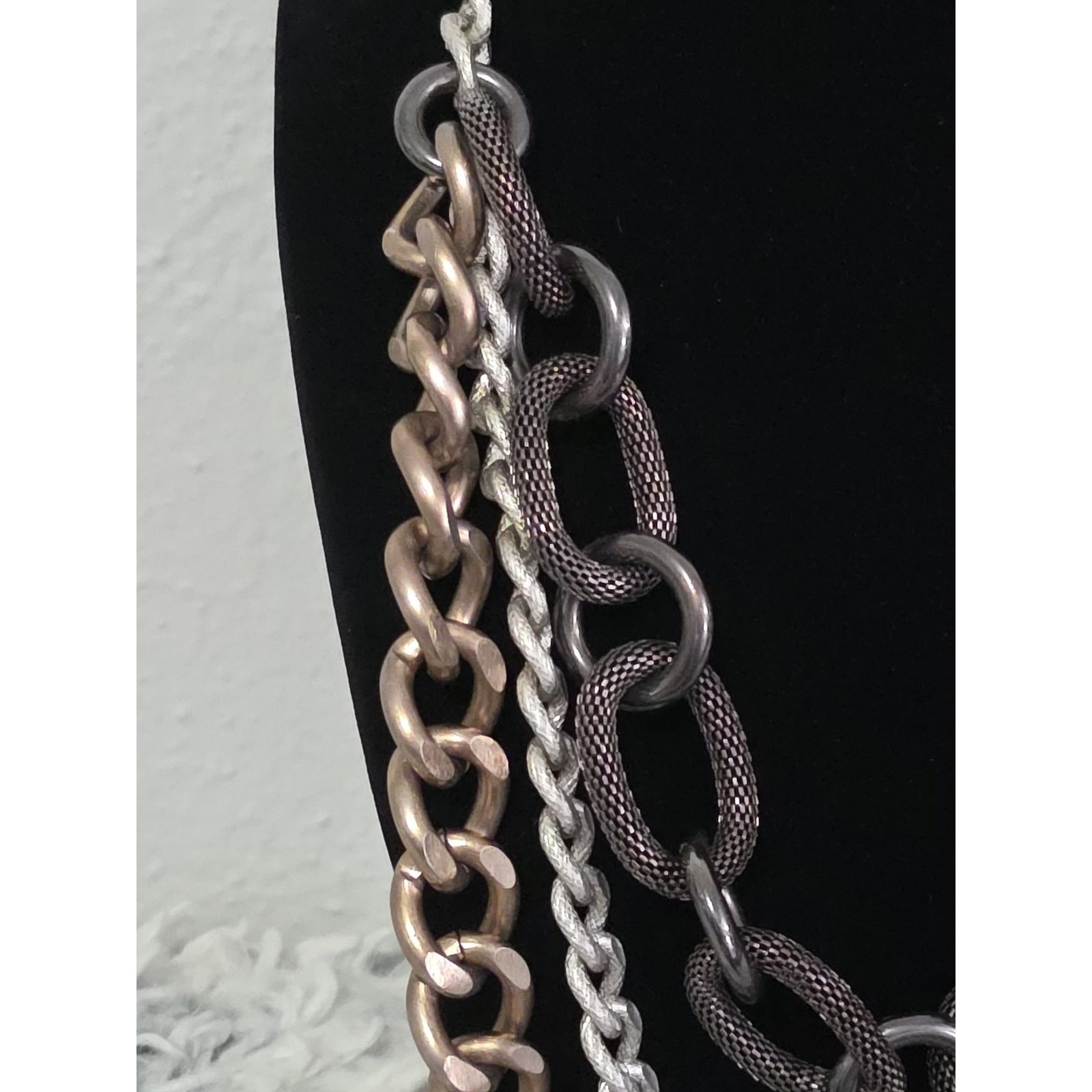 Chunky Large Long Statement Necklace Mixed Metals Layered Chains Textured Heavy