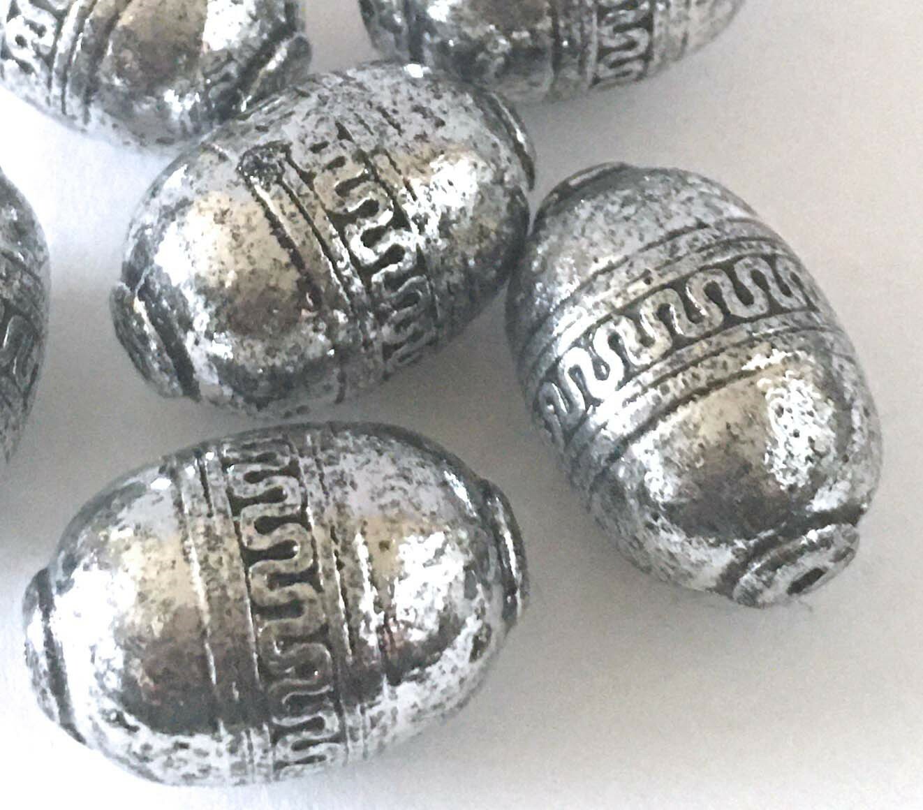 6 Large Barrel Acrylic Antique Silver Metal Plated Craft Beads 28x18mm
