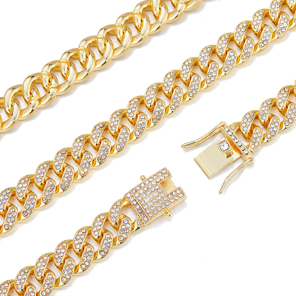 Men’s Gold Plated Iced CZ Out Solid Miami Cuban Link Bracelet Chain 12MM
