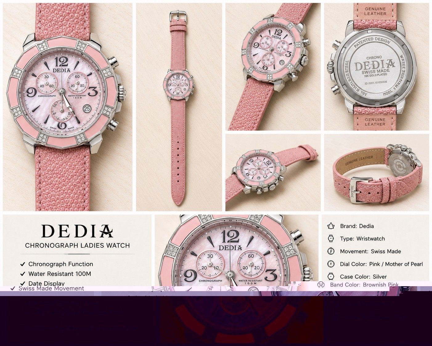 DEDIA Swiss Made Women’s Pink Chronograph Watch MOP Dial Leather Strap Card &…