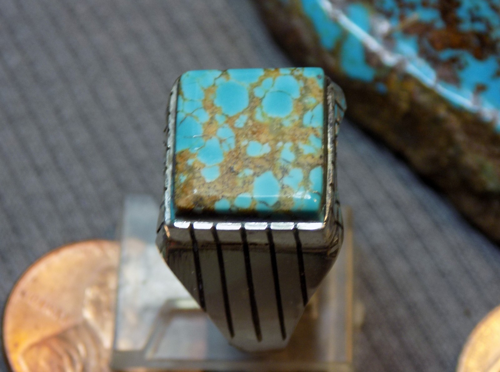 Mens Ring Sterling # 8 Turquoise stone Navajo Trevor Jack Size 9 3/4
