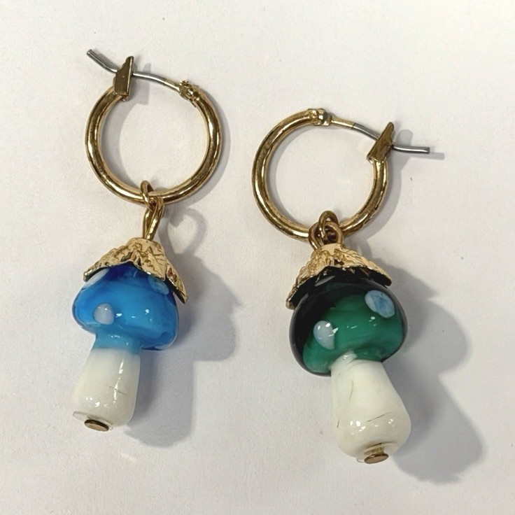 Gold Tone Hoop Dangle Drop Earrings Blue Green White Mushroom Charms Hinged