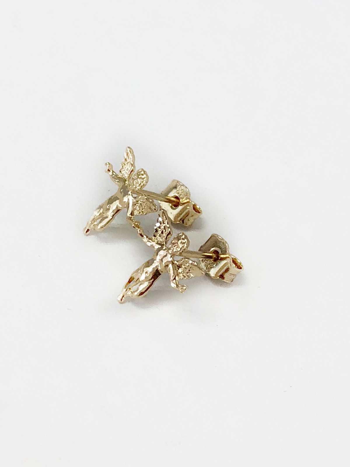 14k Solid Yellow Gold Angel Stud Earrings Push Back
