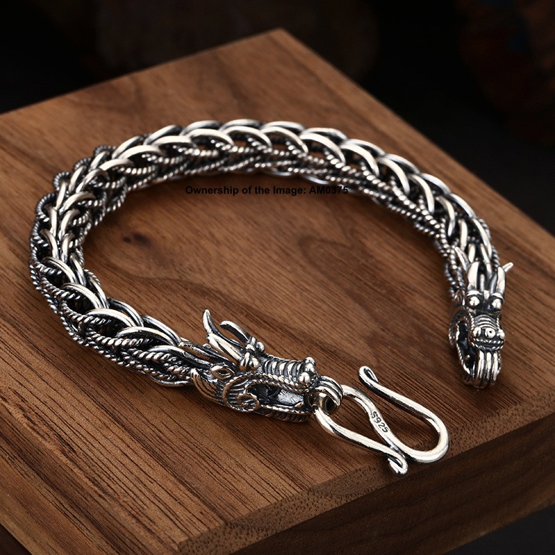 Pure 925 Sterling Silver Dragon Head Wheat Link Bracelet Vintage Style 7.9inch