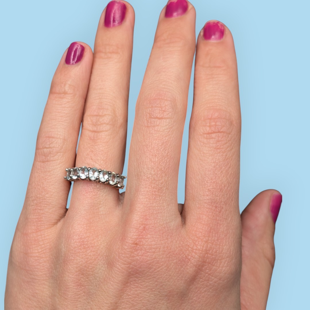 BBJ Sterling Silver Very Light Blue Aquamarine Oval Gemstone Band Ring Size 5