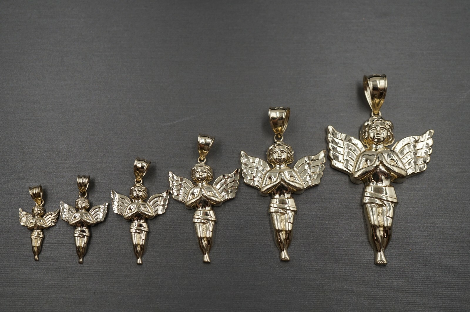 10K Solid Yellow Gold Diamond Cut Praying Angel Charm Pendant. 6 Sizes