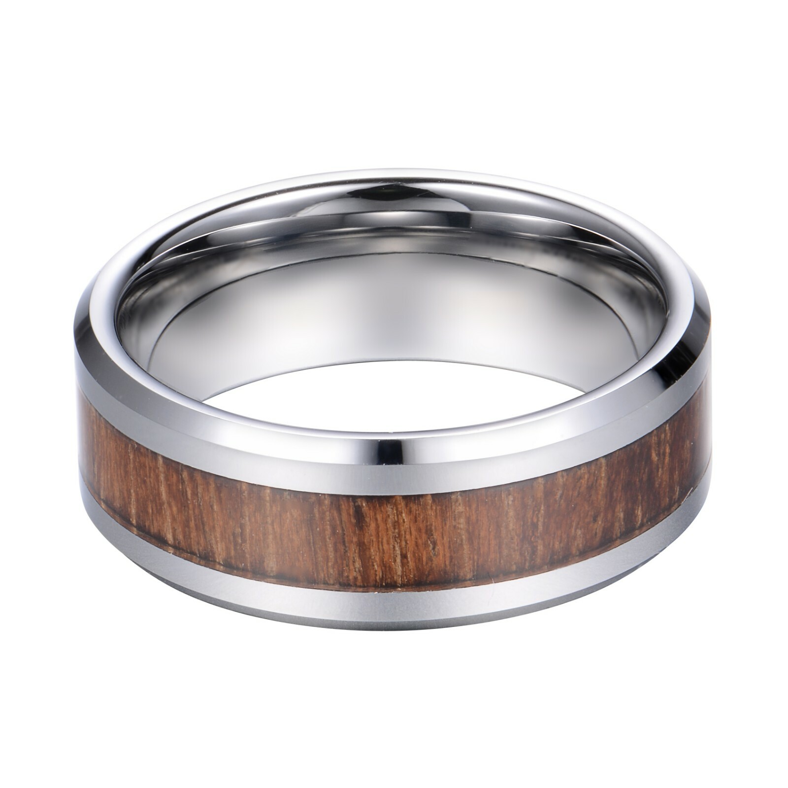 Tungsten Carbide Ring Black Silver Real Koa Wood Inlay Hawaiian Wedding Band