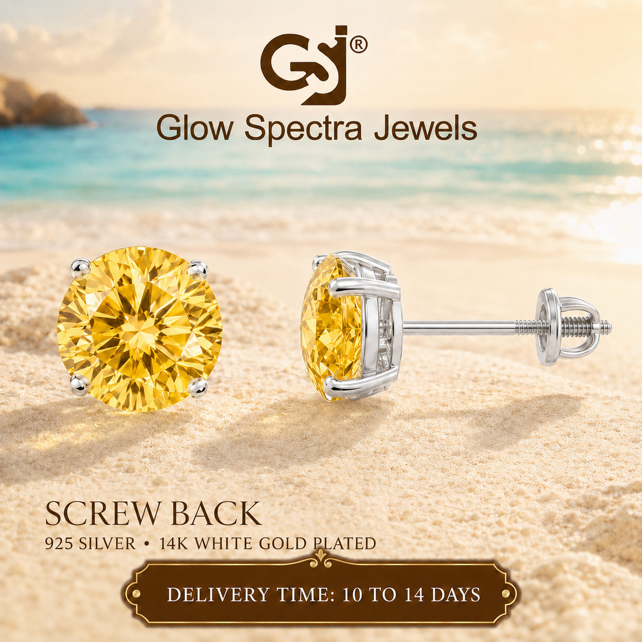 2.00CT Solitaire Yellow Diamond Stud Erring Screw Back 14k White Gold Plated
