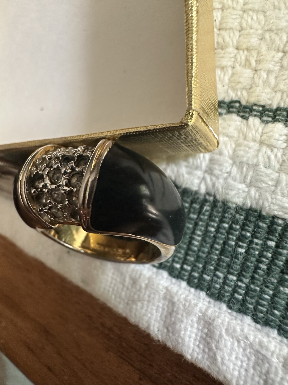 Black Enamel Dome Band Ring Clear Crystals Signed, Size 6.5 Vintage