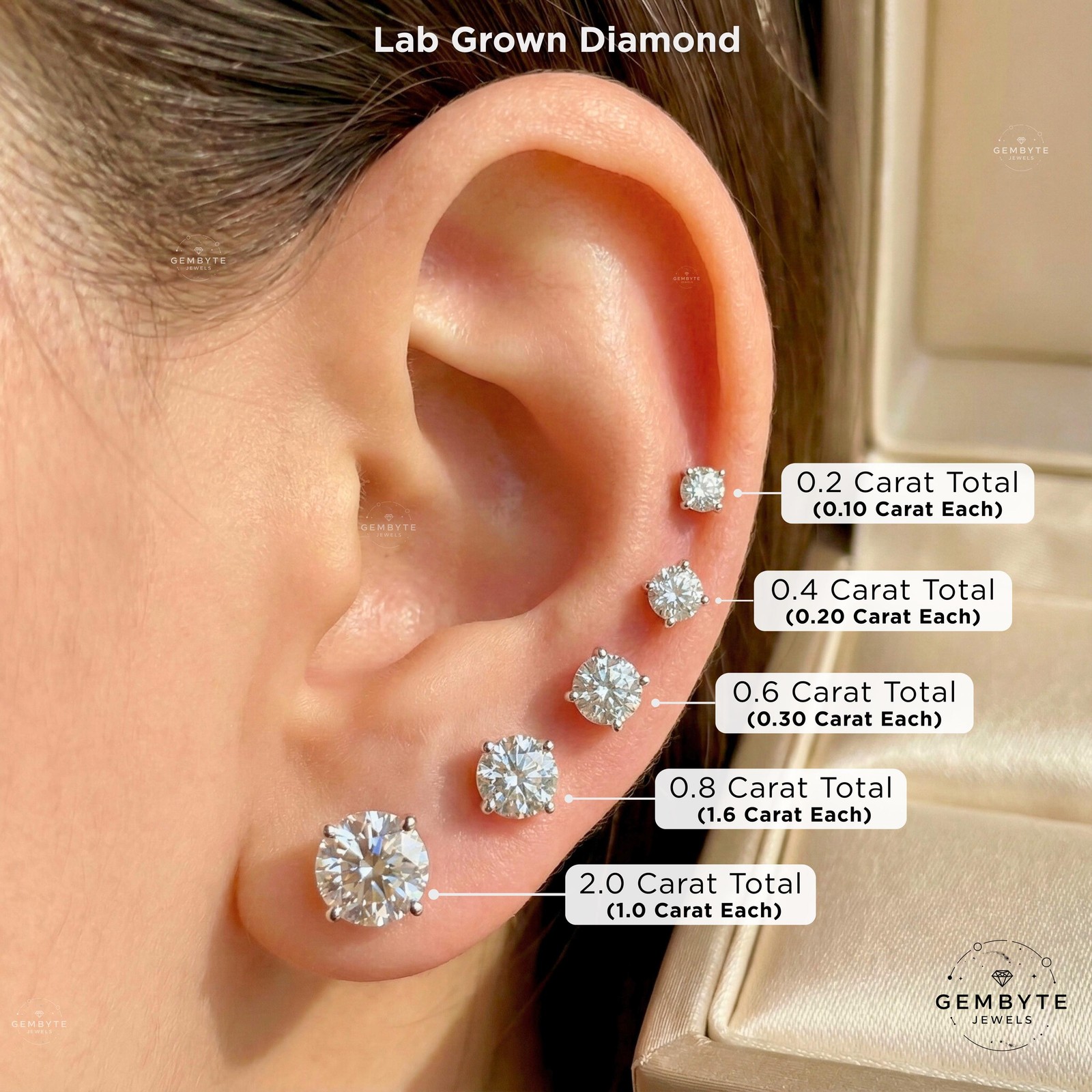 14K Gold Lab Diamond Stud Earrings, Screw/Push Back, Round Cut, 0.20-4.00 CT