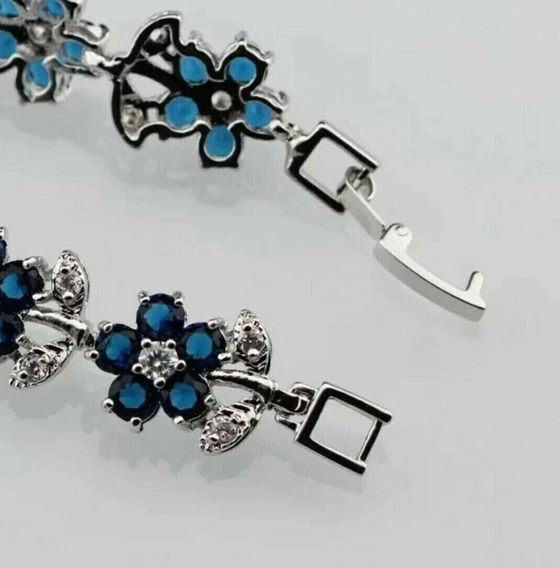 Blue Sapphire & Round Diamond Lab Created Tennis Bracelet 14K White Gold Plated